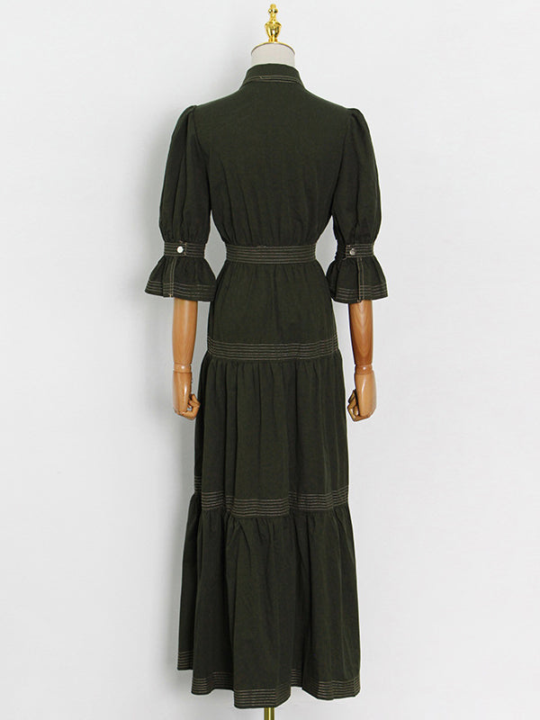 Original Lapel Split-Joint Buttoned Bishop Sleeve Maxi Dress