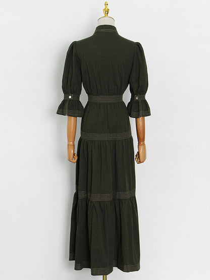 Original Lapel Split-Joint Buttoned Bishop Sleeve Maxi Dress