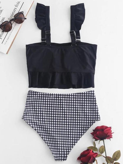 Ruffle High Waisted Stripe Plaid Bikini Swimsuit