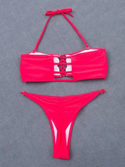 Solid Color Hollow Bandage Bandeau Split Bikini Swimsuit