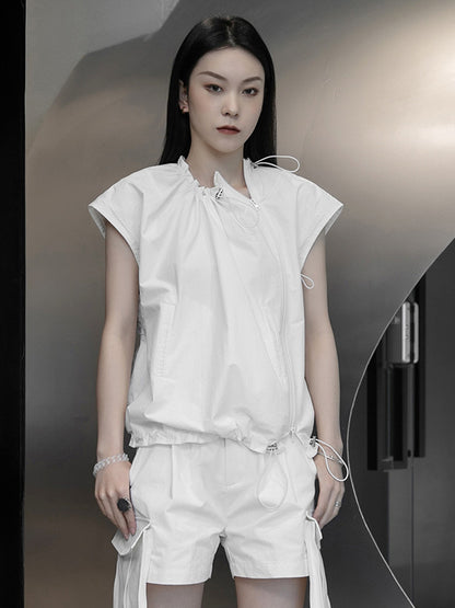 Stylish Black&White Drawstring Pleated Zipper Cap Sleeve Shirts