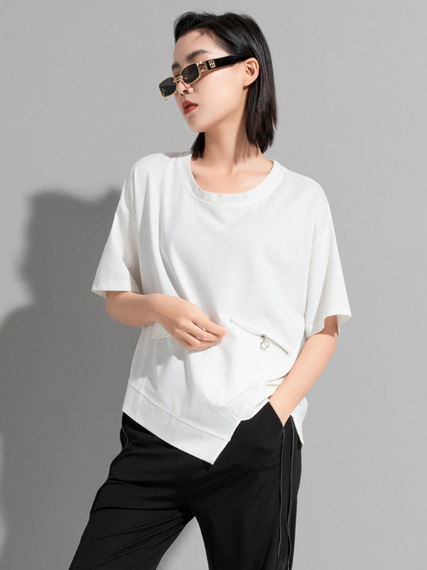 Fashion Asymmetric Irregular Clipping Split-Side Round-Neck T-Shirt