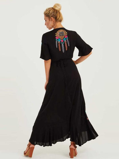 Embroidered V-neck Lace-up Dress