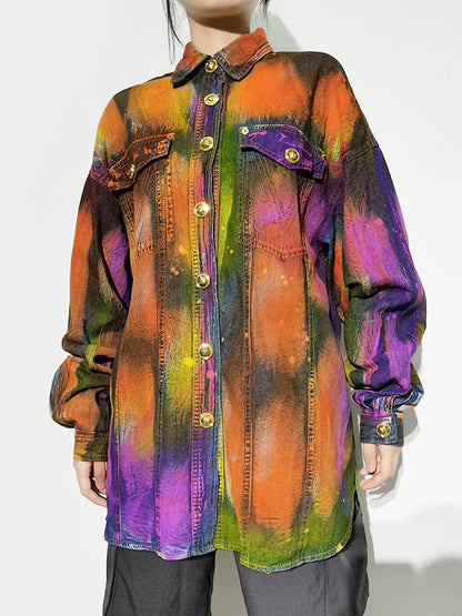 Fashion Denim Tie-Dyed Long Sleeves Buttoned Outerwear