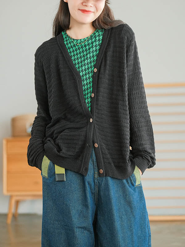 Casual Solid Color Buttoned V-Neck Long Sleeves Jacquard Knitted Cardigan