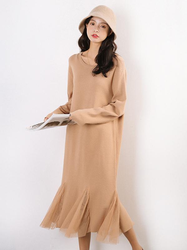 Pure Color Split-joint Knitting Long Dress