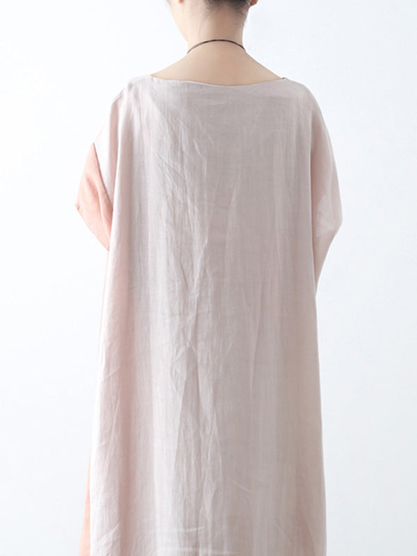 Original Linen Split-Joint Contrast Color Round-Neck Batwing Sleeve Midi Dress