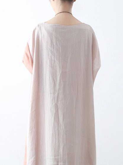 Original Linen Split-Joint Contrast Color Round-Neck Batwing Sleeve Midi Dress