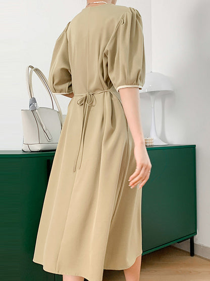 Urban Solid Color Bandage A-Line Lapel Short Sleeves Midi Dress