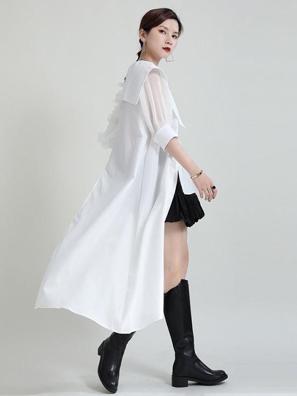 Stylish Irregular 4 Colors Split-Joint Pleated Mesh Falbala Buttoned Lapel Collar Bishop Sleeves Blouse