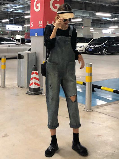LOOSE DENIM BLUE HOLLOW JUMPSUITS