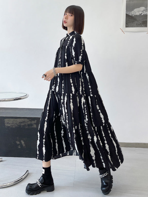 Vintage A-Line Printed Black Midi Dress