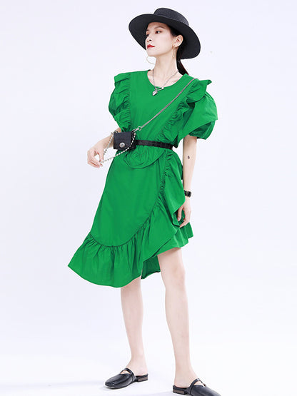 Original Irregular Solid Color Split-Joint Falbala Round-Neck Short Sleeves Midi Dress