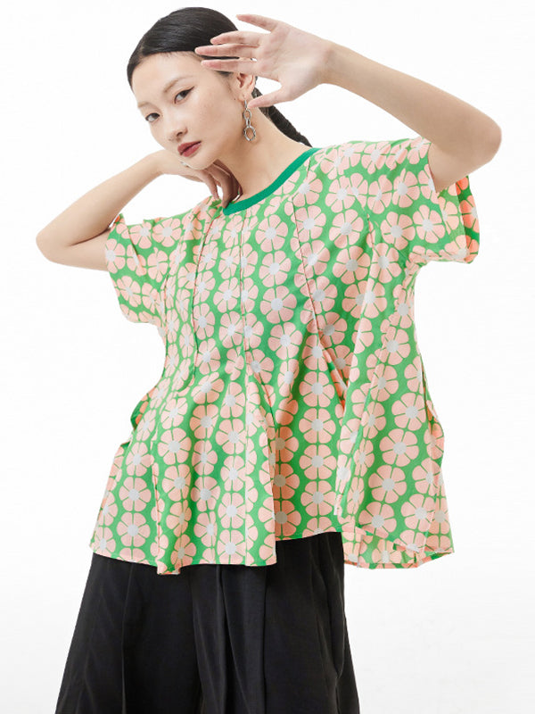 Original Loose Floral Printed Contrast Color Pleated T-Shirt Top