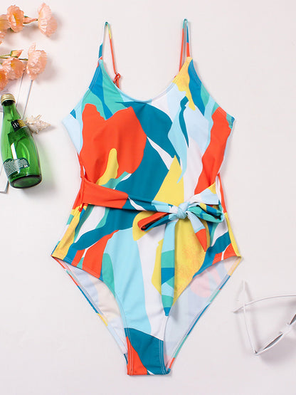 Printed Lace-Up One-Piece Swimsuit