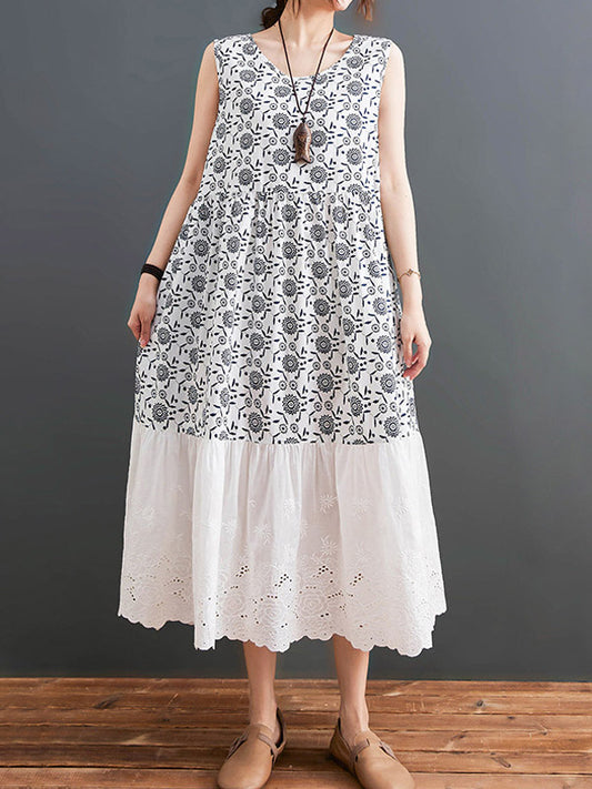 Loose Ramie Cotton National Printed Split-Joint Hollow Pleated Round-Neck Sleeveless Midi Dress
