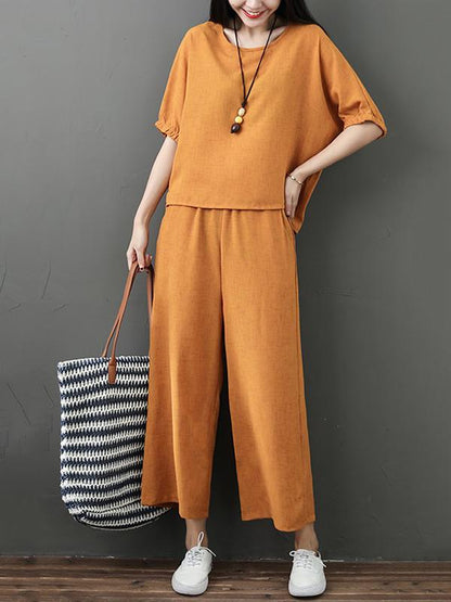 Solid  Short Sleeves Blouse + Wide Leg Pants Suit