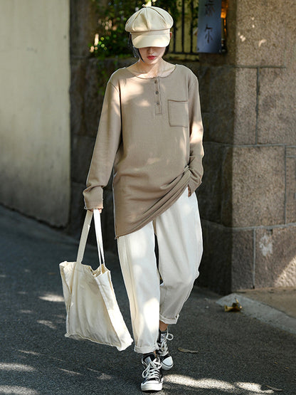 Artistic Retro Long Sleeves Loose Solid Color Round-Neck T-Shirts Tops