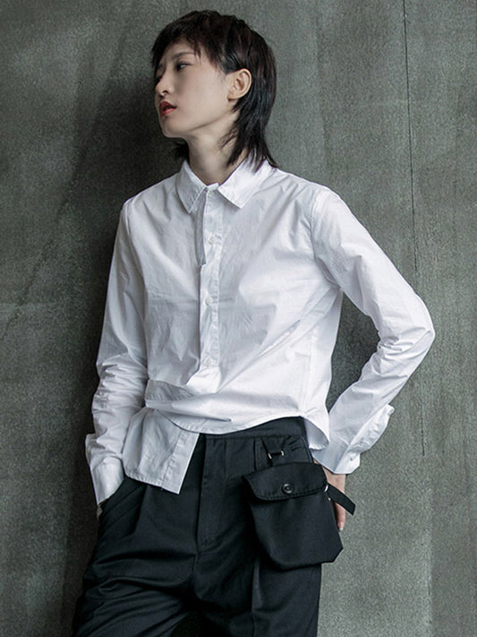 Urban Asymmetric Solid Color Buttoned Lapel Long Sleeves Blouse Tops