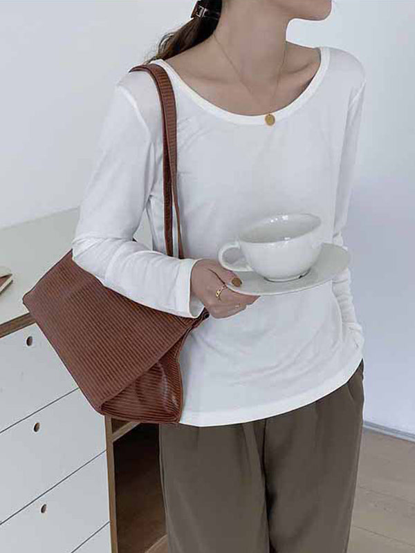 Casual Solid Color Long Sleeves Round-Neck T-Shirt Tops