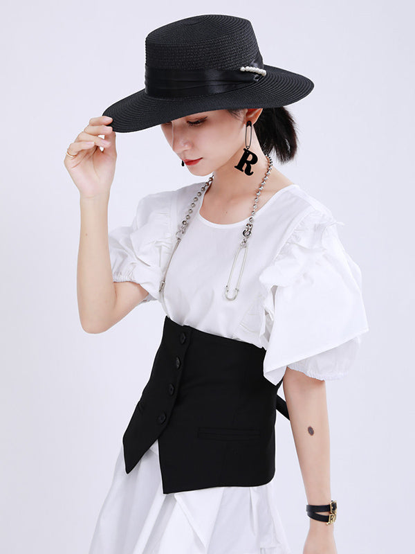 Original Irregular Solid Color Split-Joint Falbala Round-Neck Short Sleeves Midi Dress