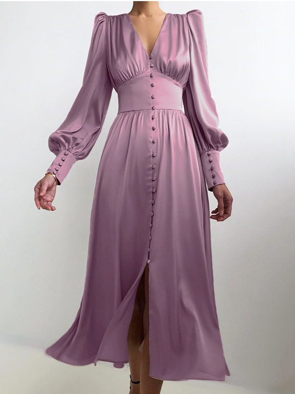 Urban Buttoned Split-Front High Waisted Puff Sleeve A-Line Midi Dress