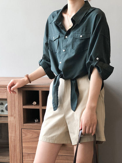 Urban Simple Solid Color Buttoned Split-Joint With Pocket Lapel Collar Long Sleeves Blouse