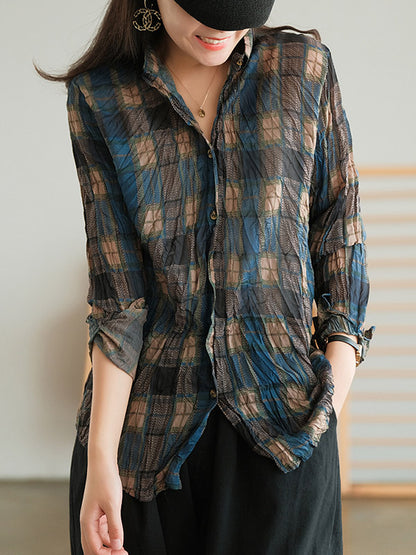 Vintage Long Sleeves Buttoned Plaid Printed Blouses Top