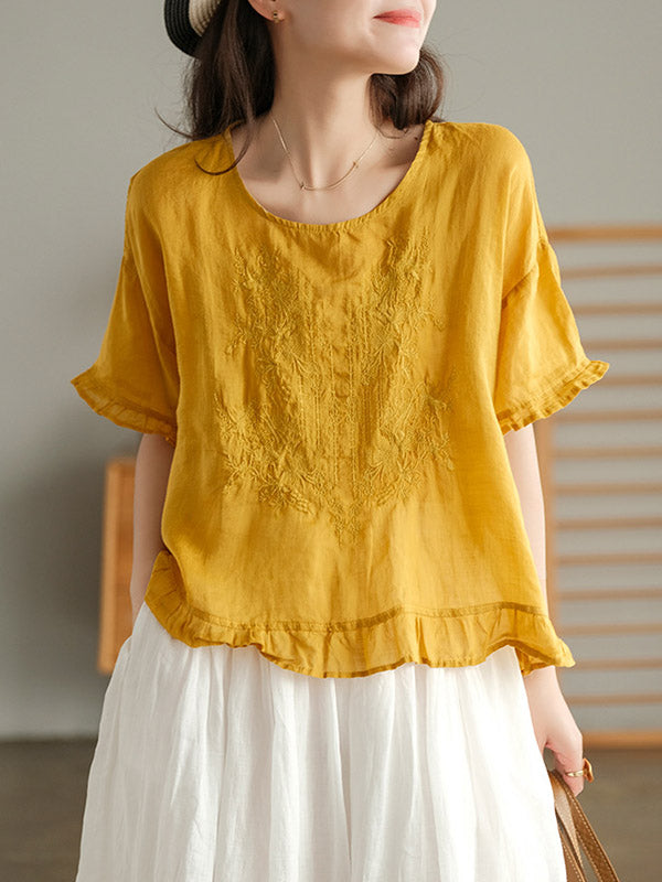 Ramie Cotton Embroidered Round-Neck T-Shirts Tops