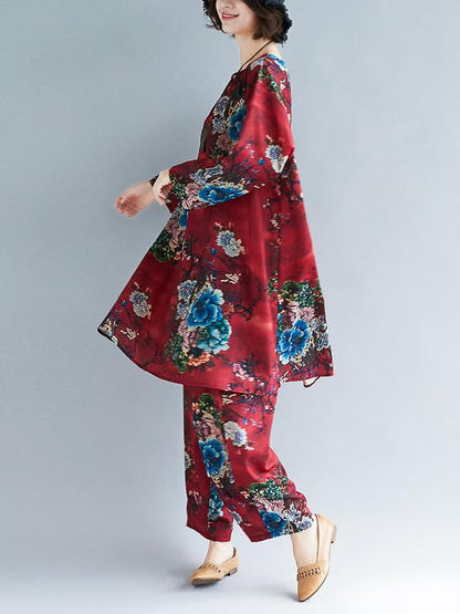 Loose Flower Print Round-neck T-shirt+Pants Suits