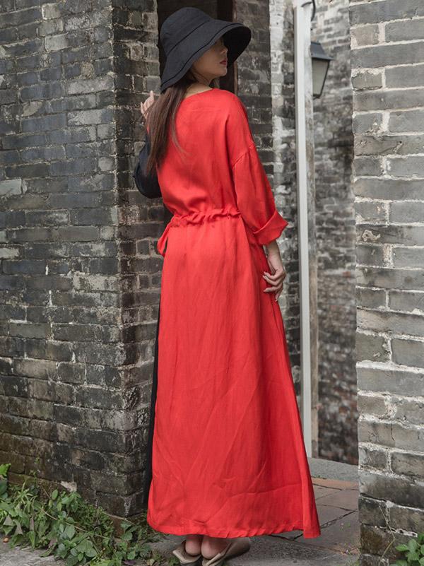 Color Blocking Tencel Linen Round-neck Long Dress