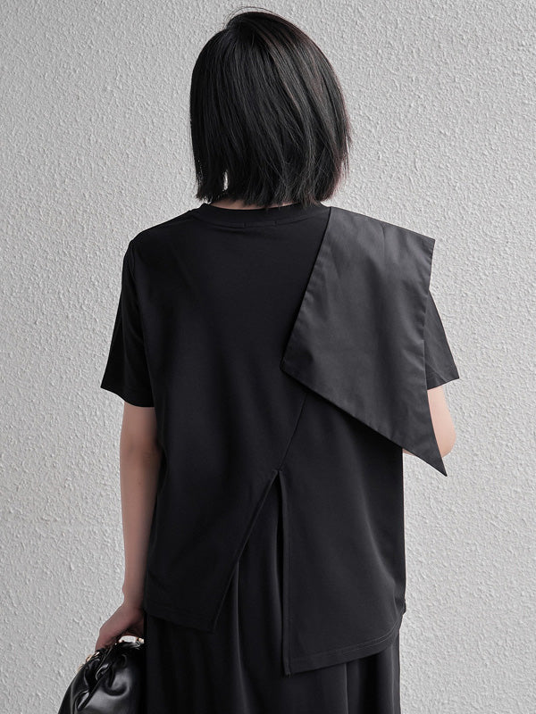 Stylish Black Split-Front Asymmetric Split-Joint Short Sleeves T-Shirts