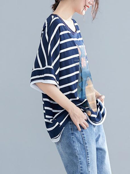 New Loose Oversize Printed Striped T-Shirt
