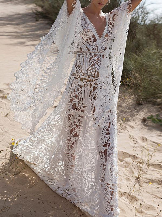 Lace Hollow Flared Sleeves Bohemia Wedding Dress