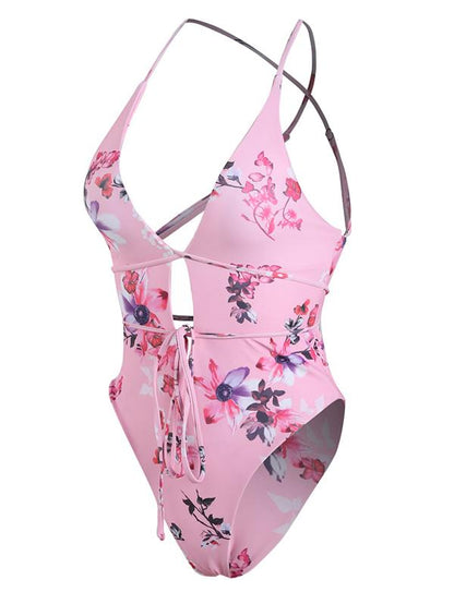 Printed Lace-Up One-Piece Swimsuit