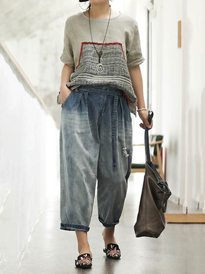 Retro Linen Pocket Split-side T-shirt