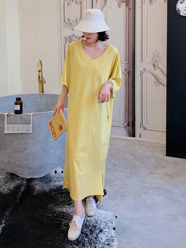 Original Solid V-Neck Dress