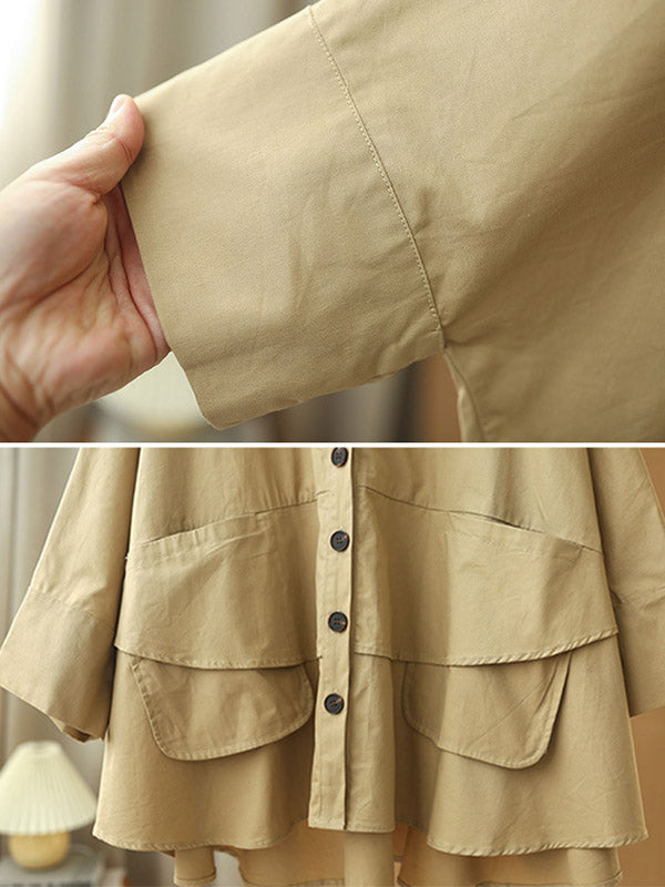 Urban Buttoned Solid Color Hooded Batwing Sleeve Loose Outerwear