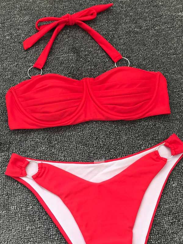 Sexy Fold Metal Ring Bikini Swimsuit