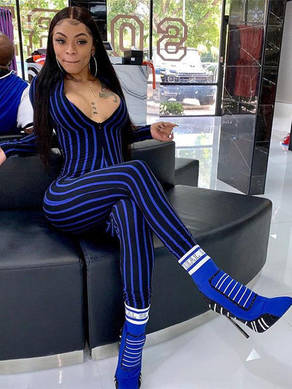 V-neck Striped Sports Jumpsuits