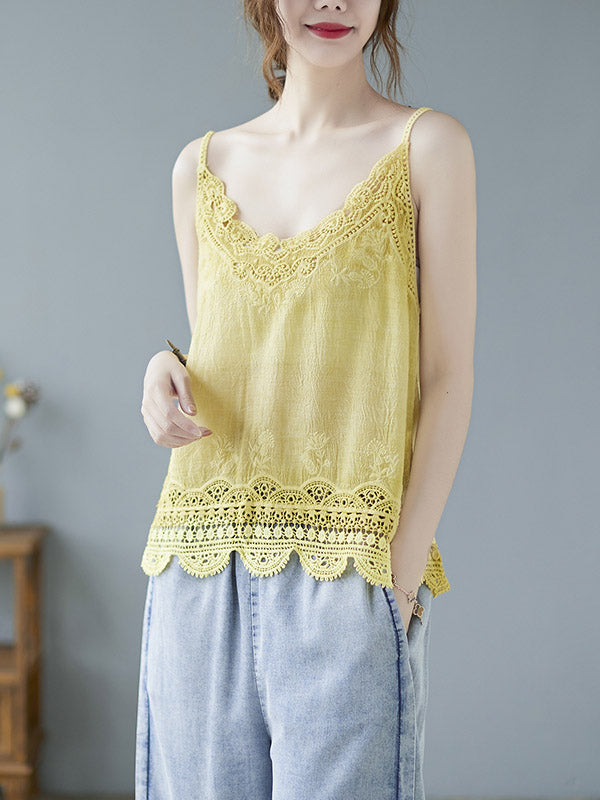 Original Solid Sleeveless Lace&Hollow V-Neck Vest
