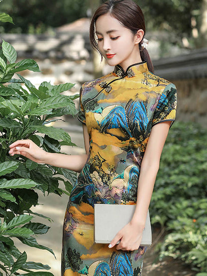 Stylish Satin Split-Side Printed Stand Collar Short Sleeves Short Cheongsams