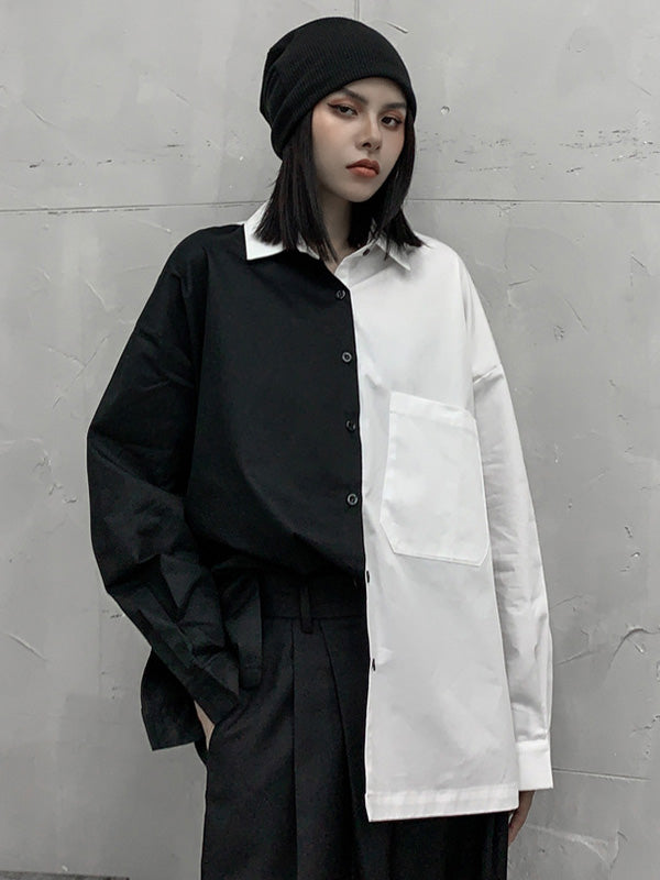 Stylish Contrast Color Split-Joint With Pocket Buttoned Lapel Color Long Sleeves Blouse