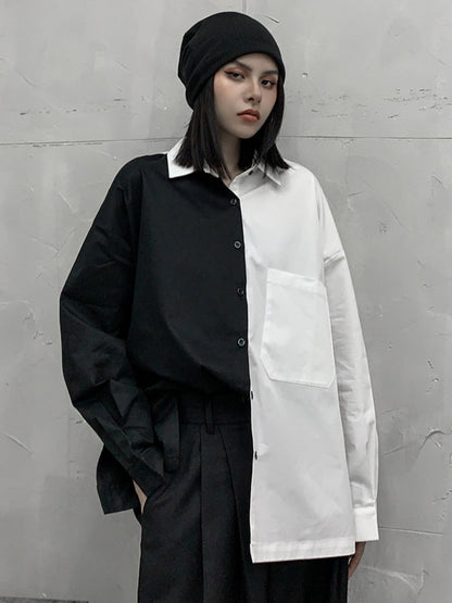Stylish Contrast Color Split-Joint With Pocket Buttoned Lapel Color Long Sleeves Blouse