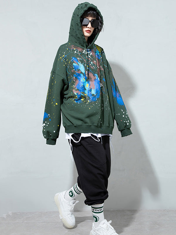 Fashion Printed Split-Joint Drawstring Hoodies Top