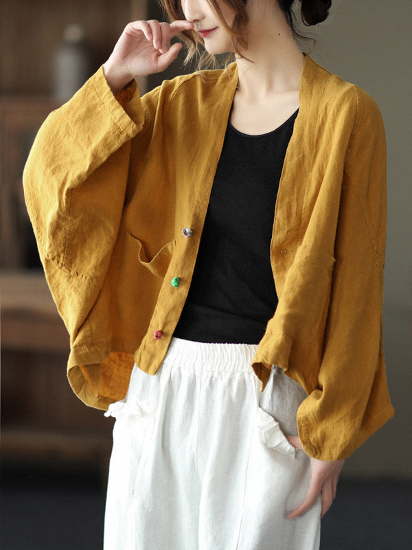 Casual V-Neck Linen Batwing Sleeves Outerwear