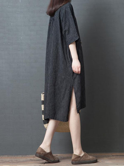Casual Striped Cotton Long Shirt Dress