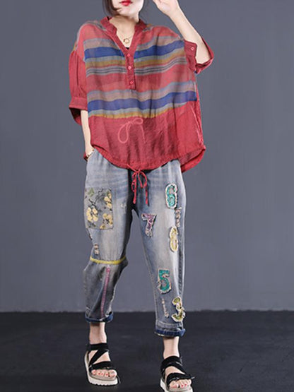 Office Loose V-neck Striped Blouse