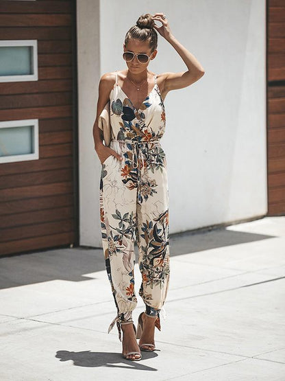 Floral V-neck Suspender Pant