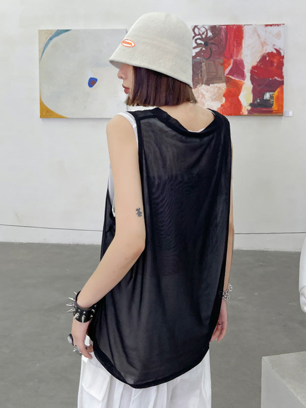 Cool Girl Black&White See-Through Round-Neck Vest Top